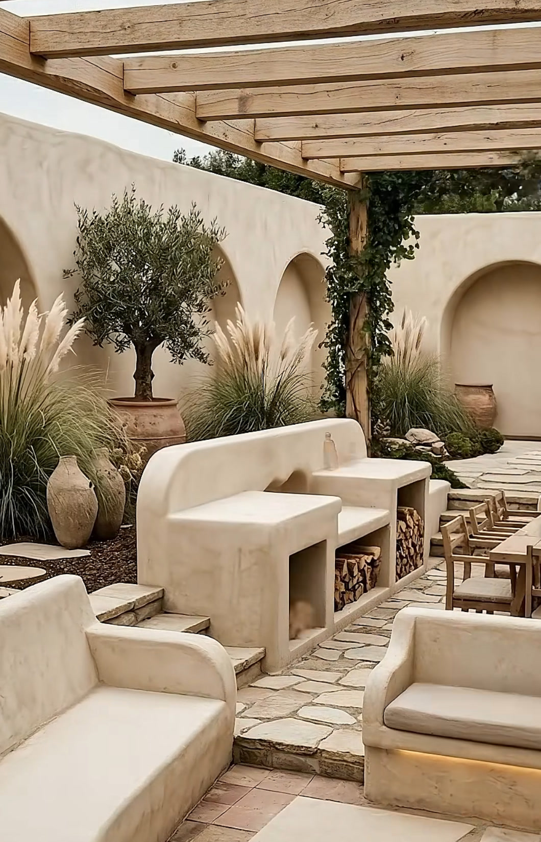 Backyard outdoor living space with pergola, built-in seating and stone patio