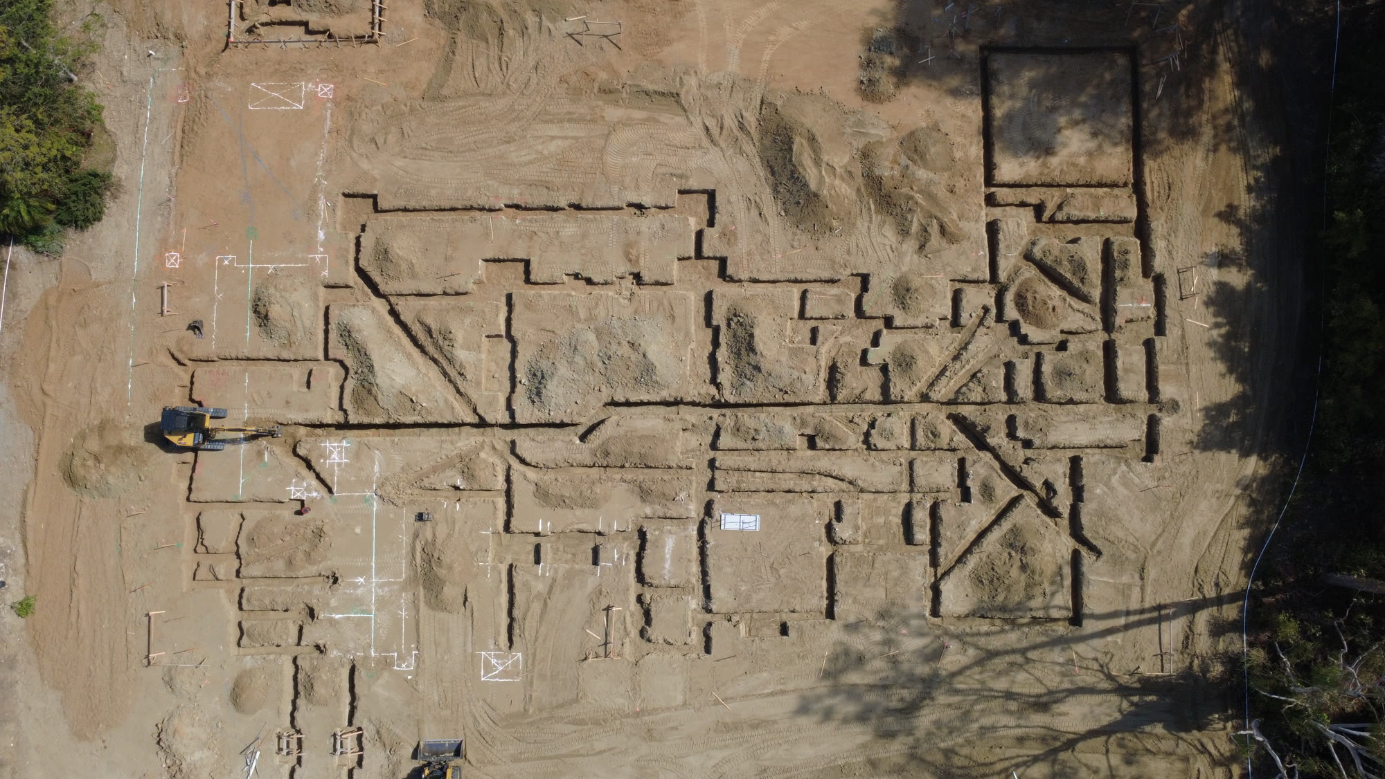 Aerial drone view of foundation footing excavation on a new lot
