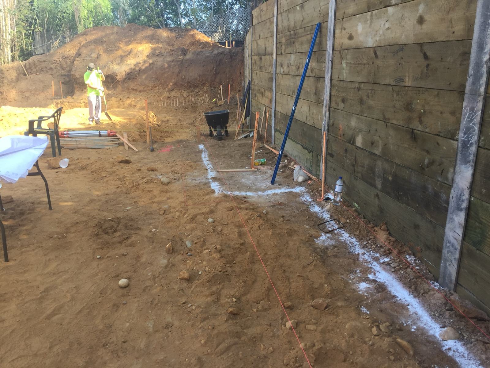 Perimeter drainage and waterproofing detailed at the shoring wall