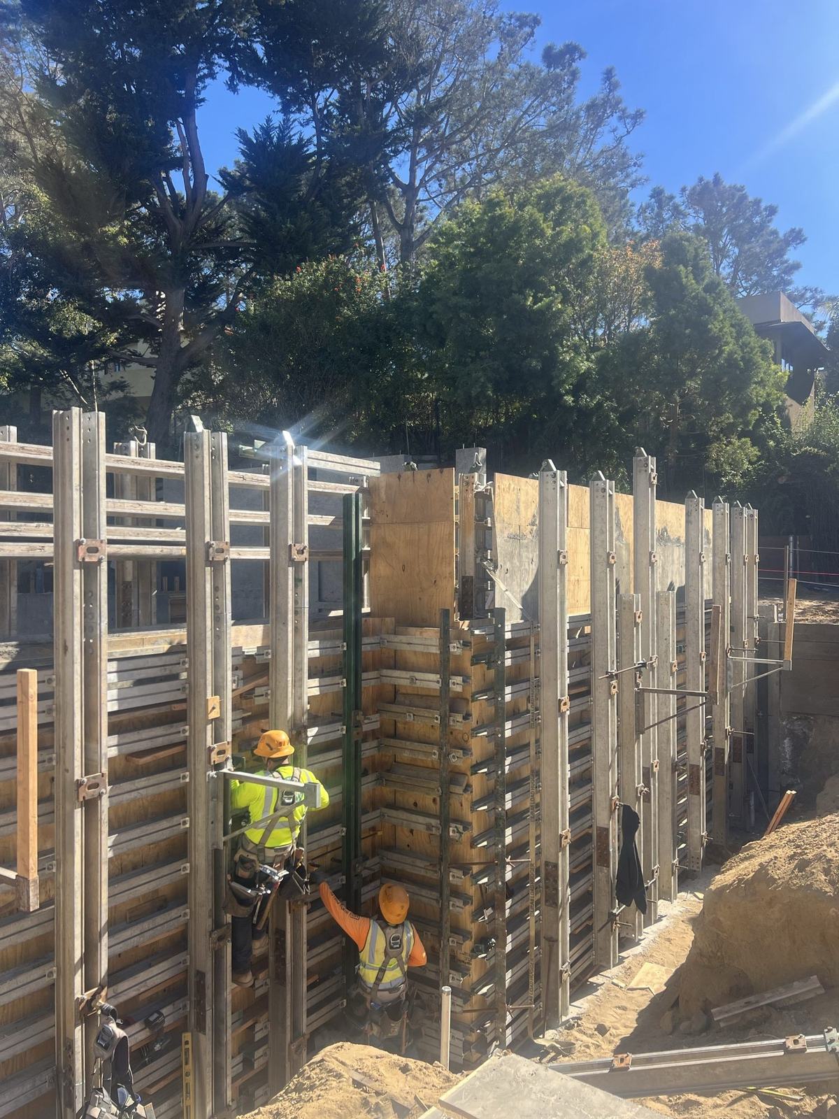 Full-height basement wall formwork standing 24 feet tall